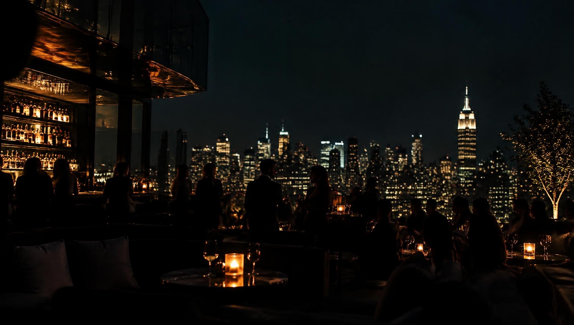 Upscale rooftop bar in New York at night